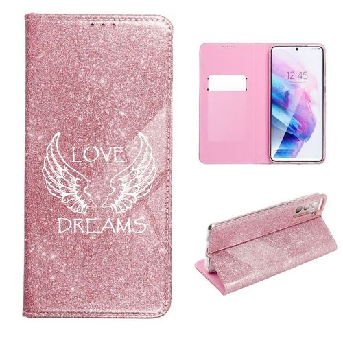 Etui Rabat Iphone 13 Pro Paillettes Rose Love Dreams Ailes Blanc