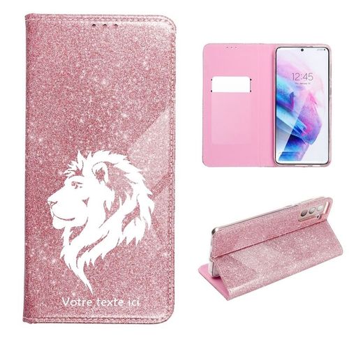 Etui Rabat Iphone 13 Pro Paillettes Rose Lion Blanc