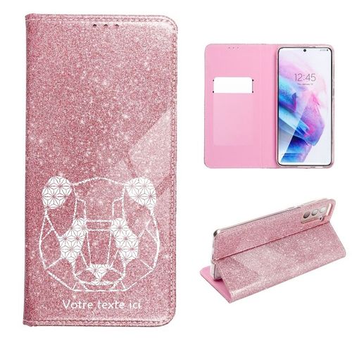 Etui Rabat Iphone 13 Pro Paillettes Rose Panda Geometrique Blanc Personnalisee