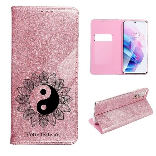 Etui Rabat Iphone 13 Pro Paillettes Rose Yin Yang Mandala Blanc
