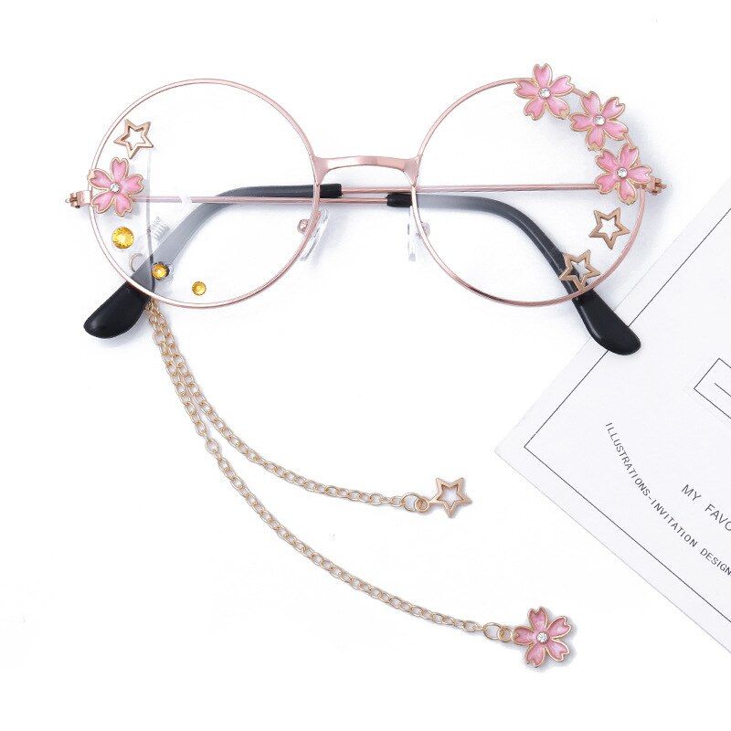 Lunettes De Vue Rondes Rétro Pour Femmes Et Filles, Monture En Verre, Pendentif Sakura Mignon, Décoration De Cosplay Oculos De Gafas 