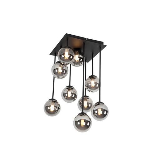 Qazqa Rustique Plafonnier Moderne Noir 9 Lumières Avec Verre Fumé - Athènes /Acier Noir Rond / Luminaire / Lumiere / Éclairage / Intérieur / Salon / Cuisine G9 Max. 9 X 28 Watt