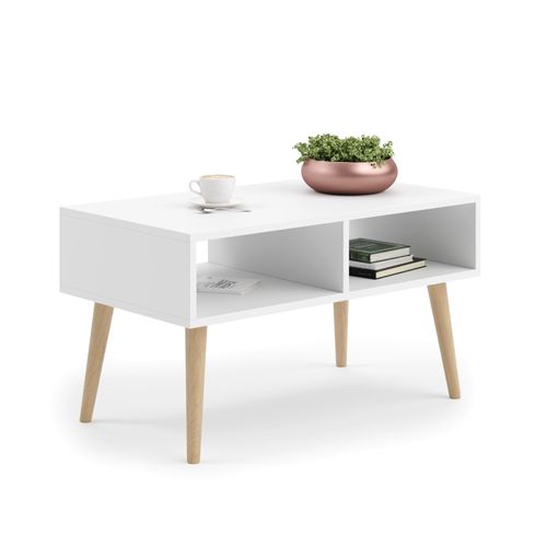 Table Basse Scandinave Blanche Avec Pieds En Bois  L 90 X P 50 X H 55 Cm  Sandi