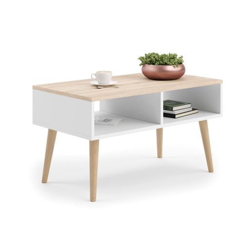 Table Basse Scandinave Blanche/ Chêne Sonoma Avec Pieds En Bois  L 90 X P 50 X H 55 Cm  Sandi