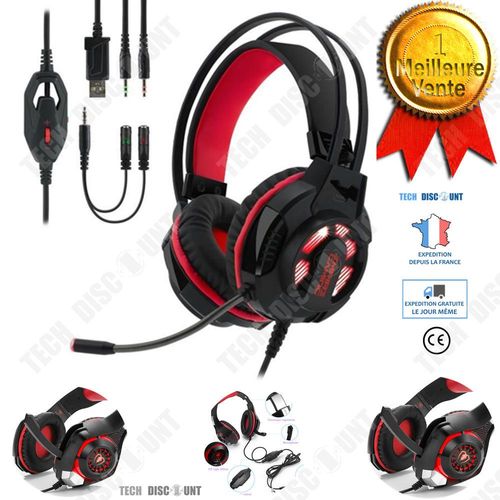 Casque Gaming Rouge Écouteurs pour Jeux / avec micro pour PC et Ordinateur Portable - LED lumineux Noir et Rouge Confortable