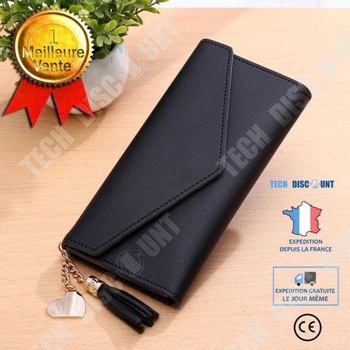 Portefeuille long en cuir pour femmes multifonctionnel plusieurs compartiments billets cartes photo conception cuir couleur noir