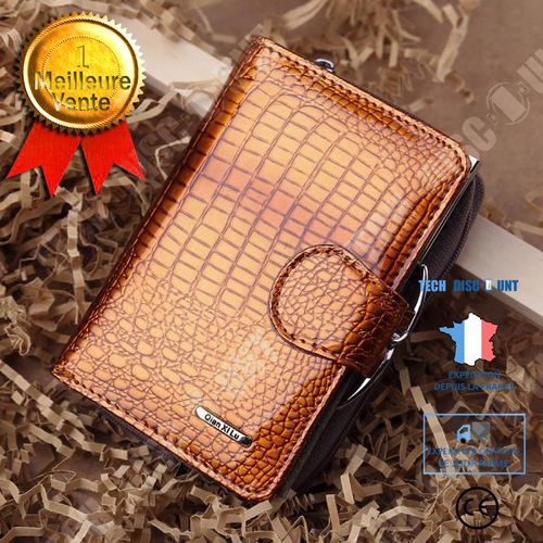 Portefeuille long en cuir pour femmes multifonctionnel plusieurs compartiments billets cartes motif écailles couleur marron