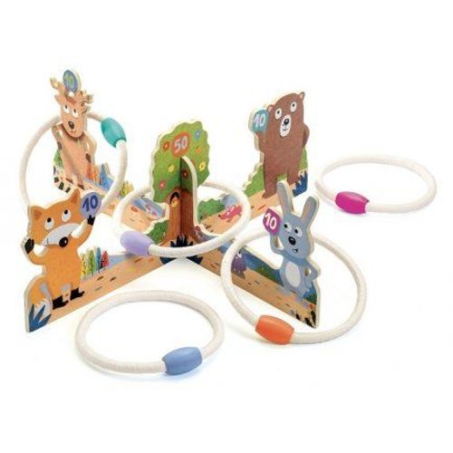 Jeu De Lancer D'anneaux En Bois Animaux De La Foret - 1 Support, 5 Anneaux Corde, 1 Sac - Plein Air, Adresse Enfant