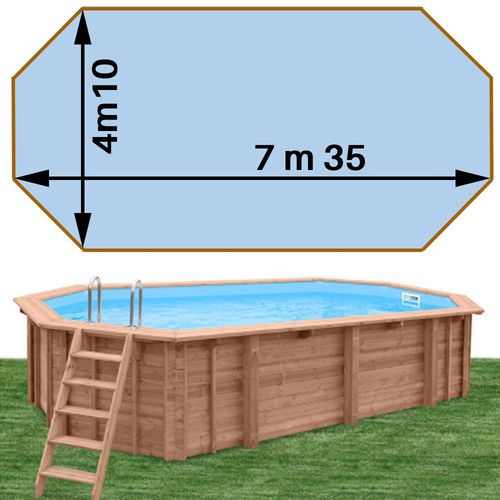 Piscine bois woodfirst original octo allongée 735 x 410 x 138 cm liner bleu pâle