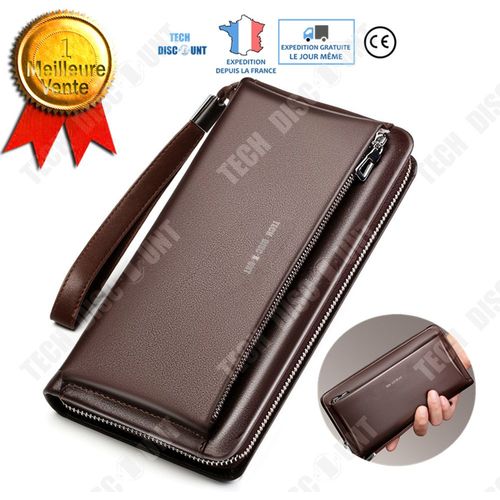 portefeuille homme cuir veritable adolescent garcon slim carte d'identité marron grand format protection monnaie fermeture eclair