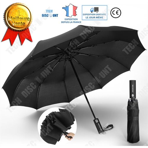TD®Parapluie pliant noir ouverture et fermeture automatique imperméable déperlant triple plis pliable compact sac à main résistant