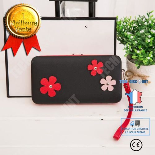 Portefeuille pour femme - long porte-monnaie en cuir - porte-cartes sac à main Noir - accessoire de maroquinerie