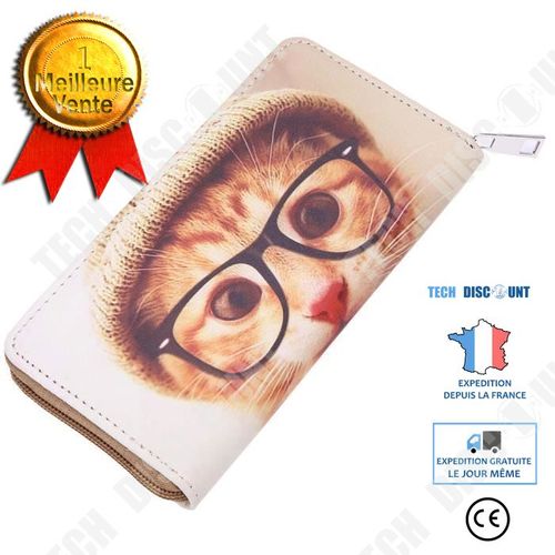 Femmes en Cuir Zipper Long Portefeuille Porte Cartes Porte-monnaie Multi-Fonctions Téléphone Sac BG Beige Image de Chat Avant