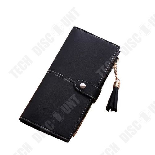 Porte-Feuille femmes Simple Long/ Porte-Monnaie/ Porte-Cartes Sac à Main Noir Double Sécurité Zip Bouton à Pression Usage