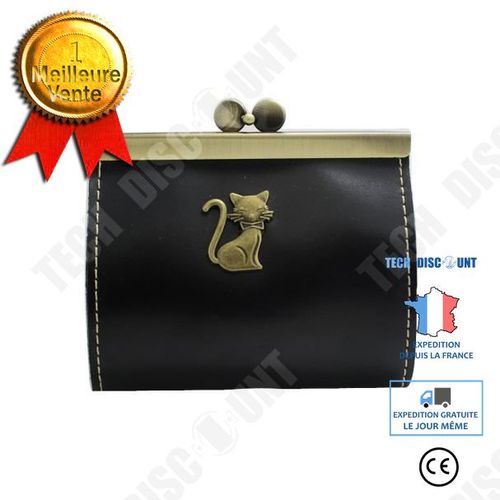 Porte-Monnaie Femmes Vintage Rétro Pièces Sac à Main Petit Chat Faux Cuir Noir