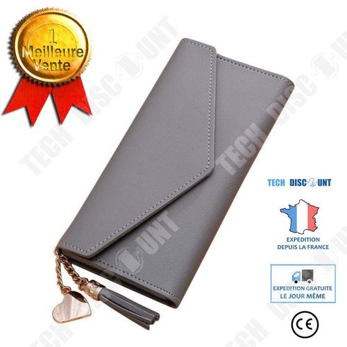 Portefeuille Femmes Simple Long Gland à Franges Pompon Porte-monnaie Porte-cartes Sac à Main Gris Forme Enveloppe Tendance