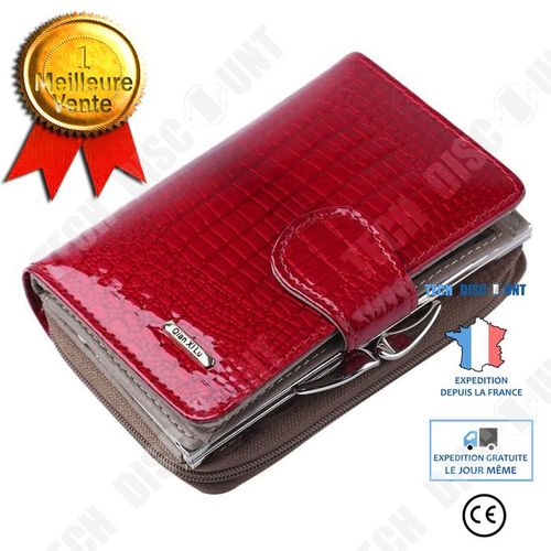 Porte-Monnaie Sac à Main en Cuir Rouge Vernis pour Femme avec Double Fermeture Zip et Bouton à Pression