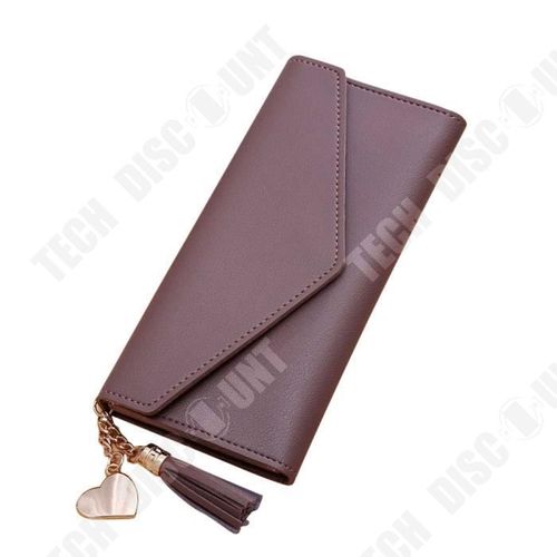 Portefeuille Long pour Les Femmes Simple Porte-Monnaie Gland à Frange PorteCartes Sac à Main Couleur Acajou Pendentif Doré Coeur