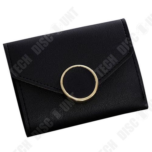 Porte-Monnaie en Cuir Noir pour Femmes Simple Résistant PorteCartes Sac à Main Détail Doré Cercle sur Rabat Finitions Propres