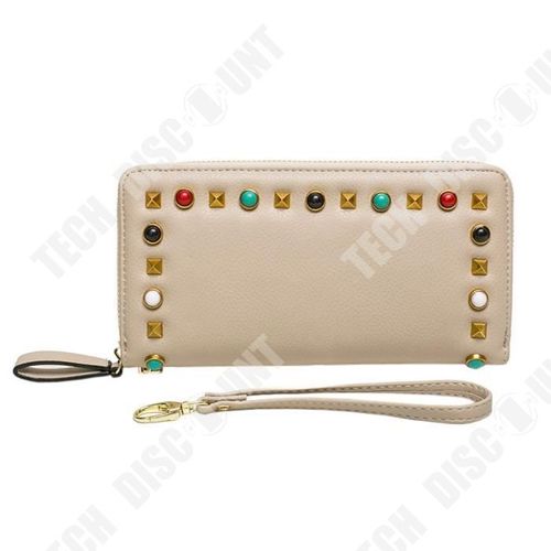 Portefeuille Long en Cuir Beige pour Femmes de Grande Capacité Multi-fonctionnel Clouté Pointes Colorées Résistant Étanche Épuré