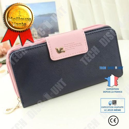 Portefeuille en Cuir PU de Couleur Noir(e) et Rose Long pour Femmes Bicolore Multi-poches Multi-Rangements Double Sécurité Doré
