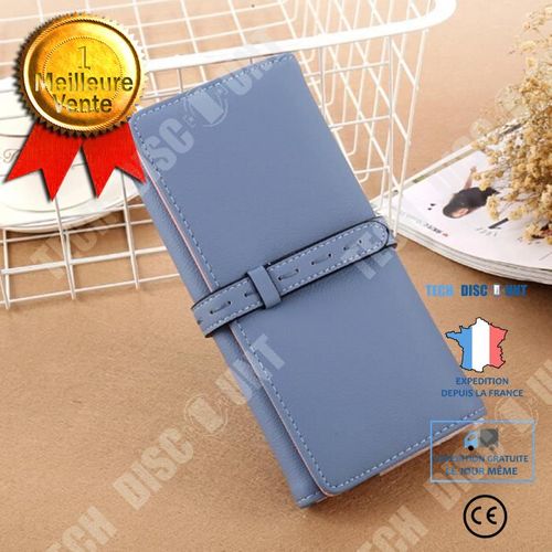 Portefeuille Long Cuir PU pour Femmes Pochette Simple Chic Couleur Unie Bleu Gris Finitions Précises Original Fermeture Coutures