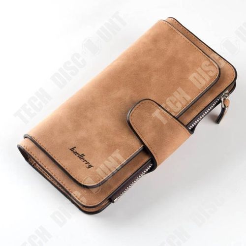 Portefeuille Long Femme Cuir PU de Couleur Brune Multi-Poches Double Fermeture avec une Zip et un Bouton à Pression Qualité