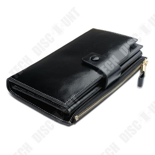 Portefeuille Long en Cuir Ciré de couleur Noire / Femme Double Fermeture Zip et Bouton à Pression Multi-Poches Multi-Usages