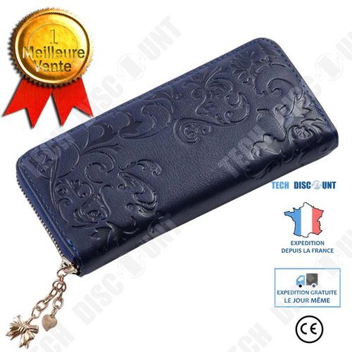 Portefeuille en Cuir PU Couleur Bleu Nuit/ Femme 19 x 9 cm Fermeture Éclair avec des Pendentifs Dorés Motifs Fleuris Incrustés