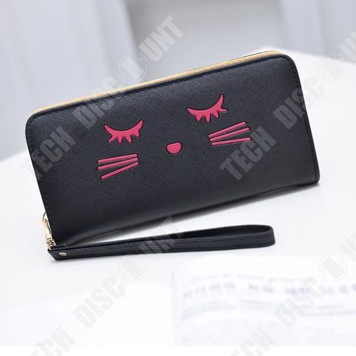 Portefeuille Long en Cuir PU Noir avec un Dessin Abstrait d'un Visage de Chat avec une Anse Porte-Monnaie Porte-Cartes Pochettes