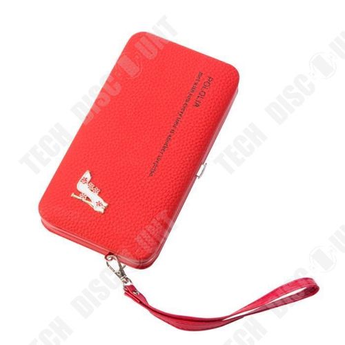 Portefeuille Long en Cuir PU Rouge pour Femme Porte-Monnaie en Cuir Porte-Cartes Détails Chaussure à Talon /Fleurs Dorées/ Anse