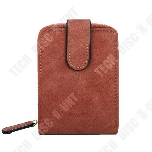 Porte-Monnaie en Cuir PU de Couleur Unie Marron pour Femmes Portefeuille Porte-Cartes Double Fermeture Zip et Bouton à Pression