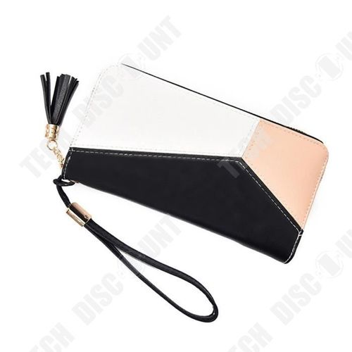 Portefeuille Long en Cuir PU Tricolore Blanc Beige Noir pour Femmes Patchwork Porte-Monnaie/ Porte-Cartes /Franges Noires/ Anse