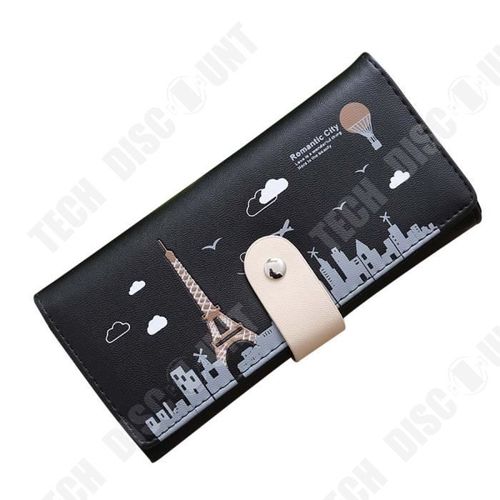 Portefeuille Long en Cuir PU Noir avec un Paysage de la Ville de Paris pour Femmes Tourisme Souvenir Porte-Cartes Cadeaux Visite