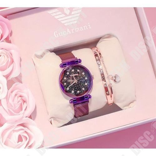 Coffret Cadeau Montre Violet En Quartz Deux Bracelets Dorés Pour Femme Fille Enfant Chic-Cadrans Belle Finitions Boîtier Étoiles