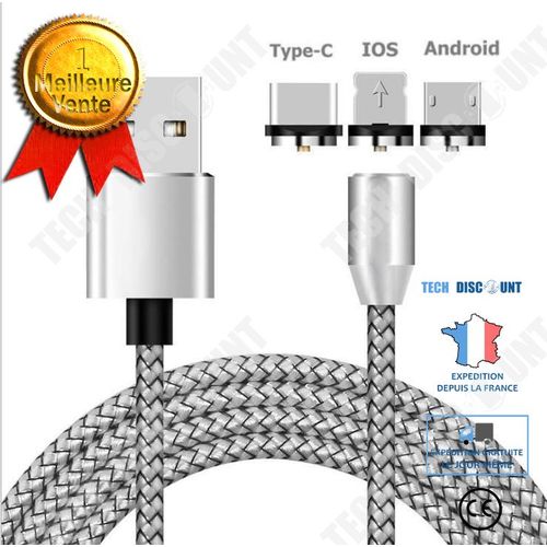 Argent 2M 360 ° rond Magnétique Adaptateur USB Type-C / IOS / Câble chargeur rapide pour tous les Smartphone 25453