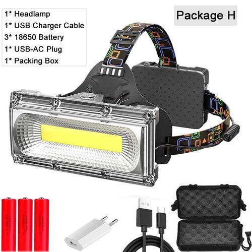 Lampe Frontale D'extérieur Étanche Cob, Rechargeable Par Usb, Avec Voyant Rouge D'avertissement, Haute Luminosité