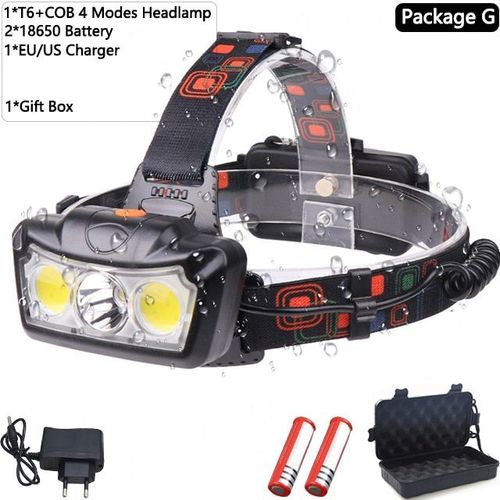 Lampe Frontale T6 + Cob, Alimentée Par 2 Piles 18650, Idéale Pour Le Camping
