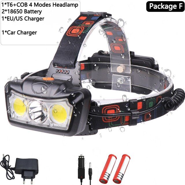 Lampe Frontale T6 + Cob, Alimente Par 2 Piles 18650, Idale...