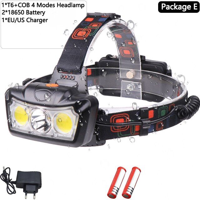 Lampe Frontale T6 + Cob, Alimente Par 2 Piles 18650, Idale...