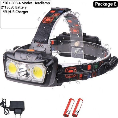 Lampe Frontale T6 + Cob, Alimentée Par 2 Piles 18650, Idéale Pour Le Camping