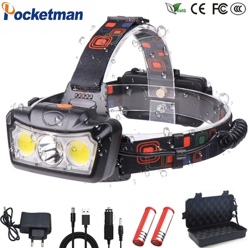Lampe Frontale T6 + Cob, Alimente Par 2 Piles 18650, Idale... - 2