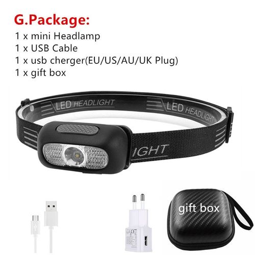 Mini Lampe Frontale R5 Led, Rouge Et Blanc, Torche Rechargeable Par Usb, Lampe Torche De Camping + Ligne Usb