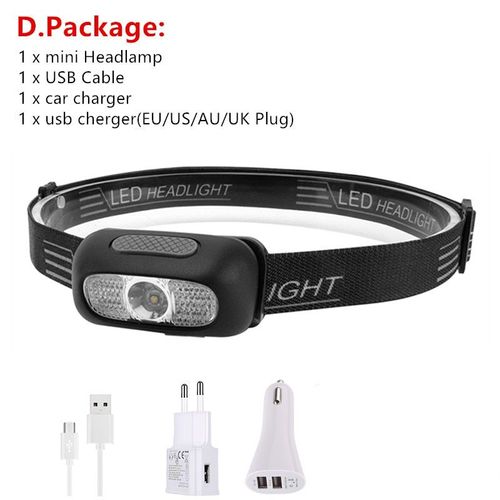 Mini Lampe Frontale R5 Led, Rouge Et Blanc, Torche Rechargeable Par Usb, Lampe Torche De Camping + Ligne Usb