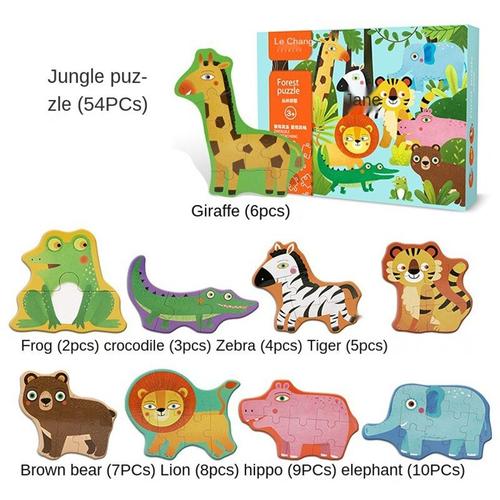 Jungle Animals Puzzle En Bois Enfants, Boîte, Dinosaure, Véhicule Fruits, Jouets Éducatifs D'apprentissage Bébés, Puzzle 3d, Jouet En Bois 3-6 Ans Nipseyteko