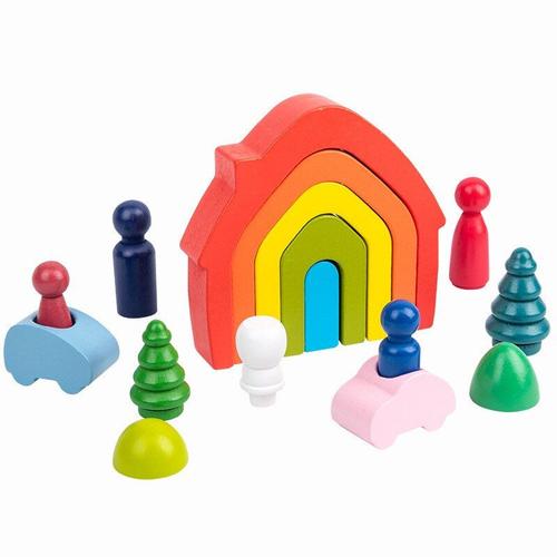Rainbow house set Blocs construction en bois enfants, ensemble marionnettes  en arc-en-ciel, jeu d'empilage, jouets éducatifs bébés Nipseyteko