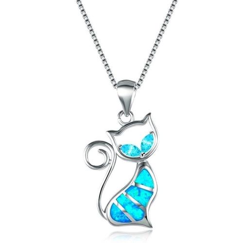 Femmes Argent chat bleu et blanc imitation opale Collier Pendentif Mariage Bijoux 