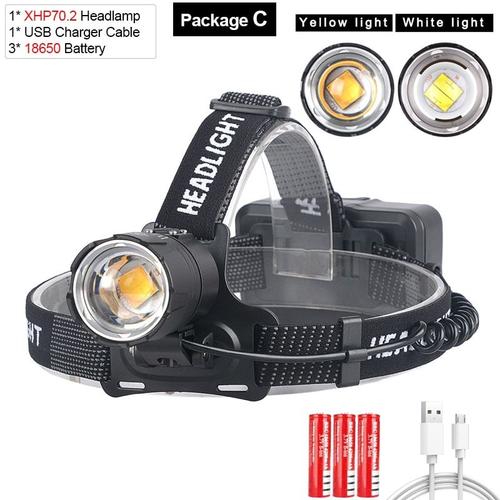 Lumière Blanche-6000k - Lampe Frontale Led La Plus Puissante, Jaune Ou Blanc, 8000lm, Xhp70.2, Xhp70, Phare Led, Pêche, Camping, Zoom, Utiliser 3 Batteries 18650