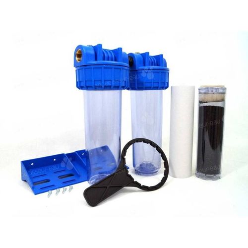 Double Porte Filtre ? Eau 9"3/4 avec Cartouche 20?m Raccord 3/4" (20x27) Filtre Sous Evier Domestique Fabrication Fran?aise