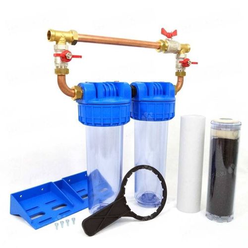 Double Porte Filtre ? Eau Bypass 9"3/4 avec Cartouche 20?m Installation Super Simple Raccord 3/4" (20x27) Filtre Sous Evier Domestique Fabrication Fran?aise